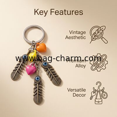 GUGEER Blue Evil Eye Keychain,Heart Feathers Keychain Turkish Handmade Crystal Amulet Pendant Bag Pendant Ornament Jewelry Good Luck Amulet