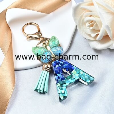 GUGEER  Initial letter Keychains for Women Tassel Butterfly Pink Purple Cute Car Keychain for Wallet Backpack bag charm