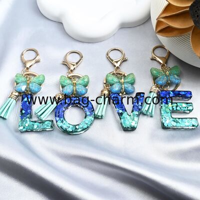 GUGEER  Initial letter Keychains for Women Tassel Butterfly Pink Purple Cute Car Keychain for Wallet Backpack bag charm